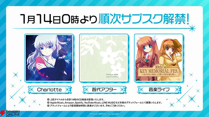 《Charlotte》和《智代アフター》等CD乐曲开始流媒体配信